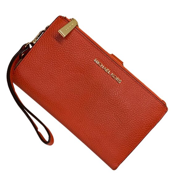 Michael Kors Double Zipper Wristlet Dark Red/ Orange Leather - Picture 1 of 13